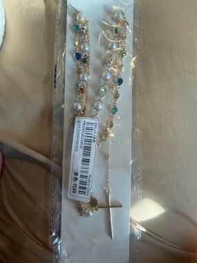 Gold Tone Multicolor Bead and Pearl Cross Necklace - Women Jewelry